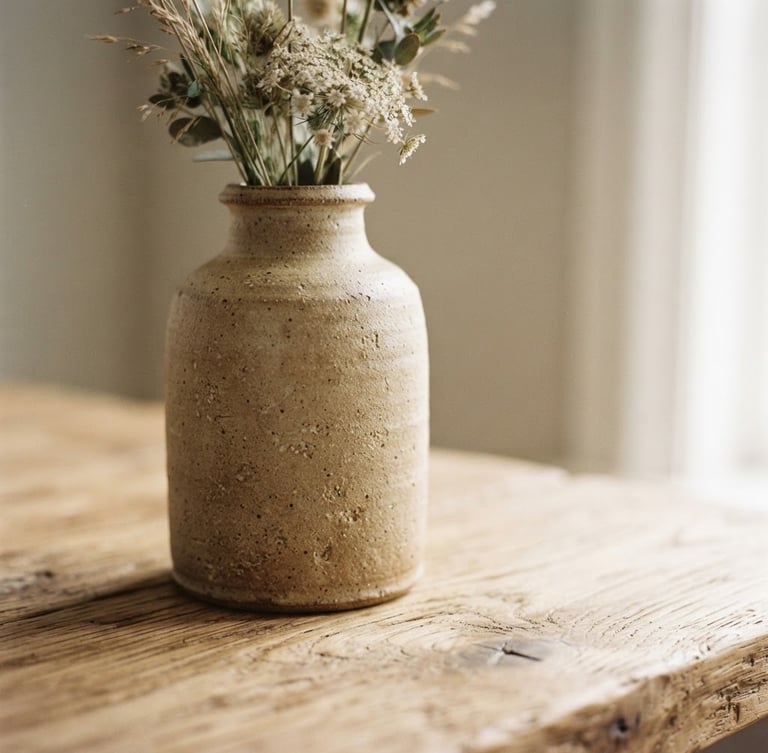 Close-up of a hand-thrown ceramic stoneware vase with a matte finish, resting on a raw light oak surface, soft diffused morning light from the right, emphasizing texture and grain, plenty of negative space.
