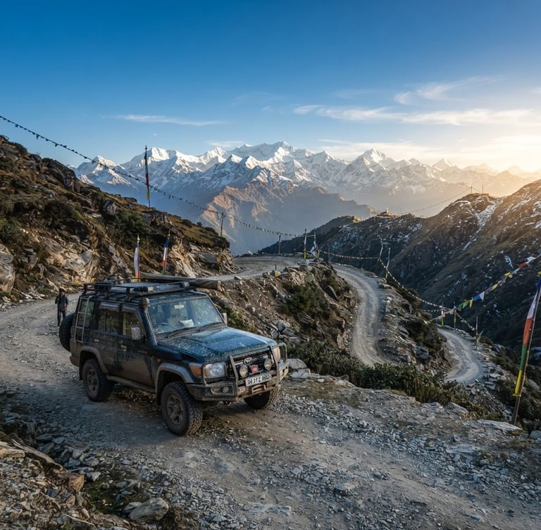 A rugged all-wheel-drive SUV parked on a winding mountain pass in Sikkim, crisp morning light hitting the snow-capped Himalayan peaks in the background, 35mm.