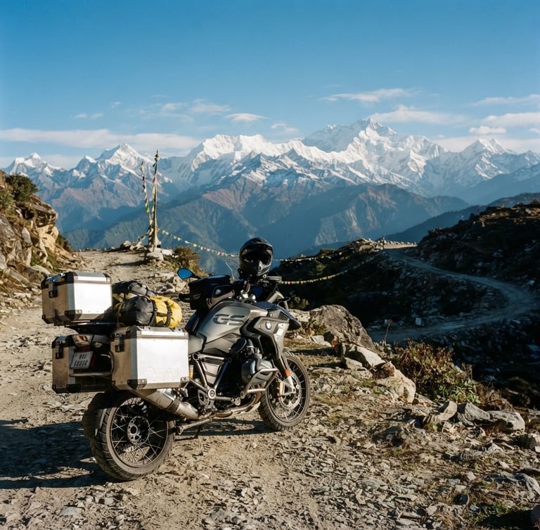 A well-maintained adventure motorcycle parked on a rugged Sikkim mountain pass, crisp morning light, snow-capped Himalayan peaks in the background, 35mm photography.