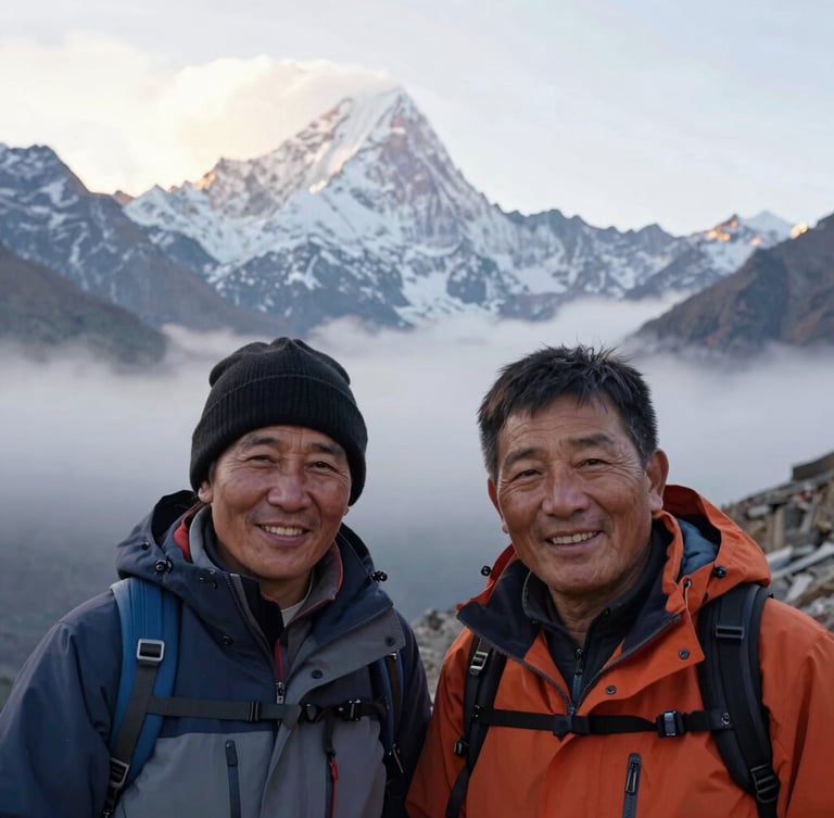 A close-up portrait of two native Himalayan guides in warm outdoor gear, smiling under soft overcast mountain mist, rugged peaks in the far distance.