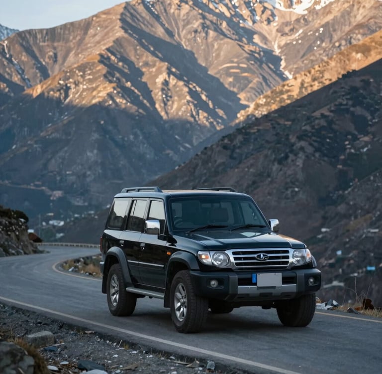 A clean, well-maintained black 4WD SUV driving on a winding mountain road in Sikkim, dramatic mountain shadows, crisp morning light