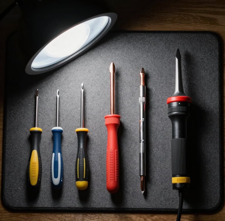 Top-down flat lay of professional computer repair tools, anti-static mat, precision screwdrivers, and copper soldering iron tip under focused cool bench light