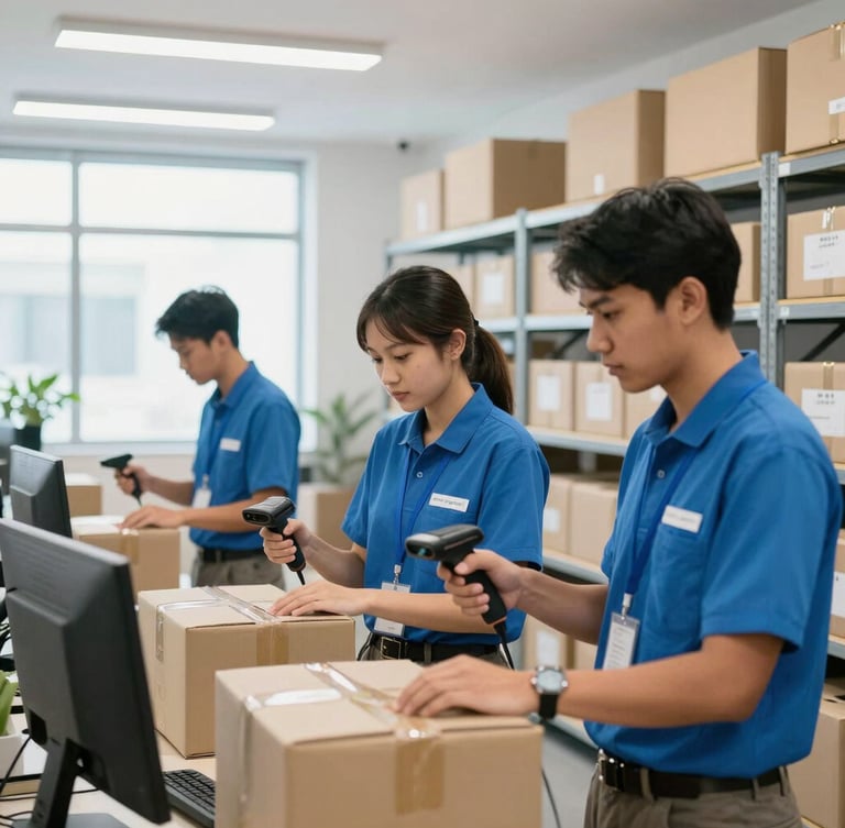 A modern logistics fulfillment warehouse in Jakarta, local workers sorting parcels with handheld scanners, bright clean indoor lighting, professional blue tones, 35mm lens.