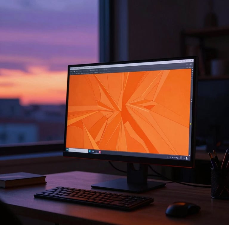 A vertical portrait of a digital artist's workspace at dusk, glowing monitor displaying vibrant orange vector art, dramatic low-key lighting.