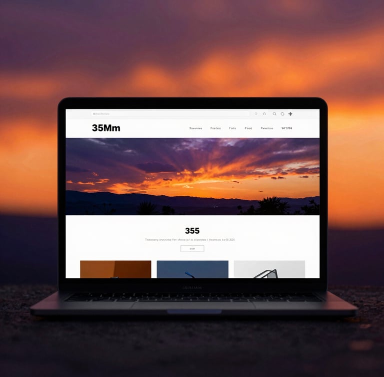 A high-fidelity website mockup displayed on a sleek dark device, vibrant sunset backlighting casting deep orange and purple glows, sharp focus, 35mm
