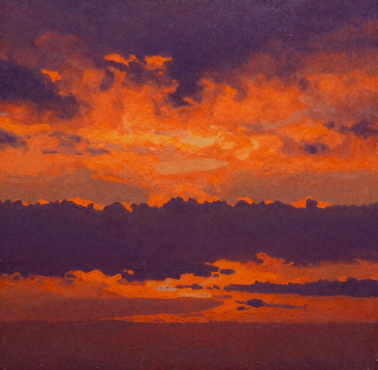 Macro shot of a digital painting showing rich sunset gradients of deep orange and purple with fine canvas texture, backlit by soft neon glow