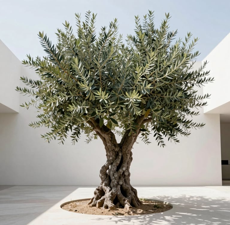 A majestic centuries-old olive tree with sculptural twisted trunk in a minimalist contemporary Italian garden, bright diffused daylight, soft natural shadows, 35mm lens