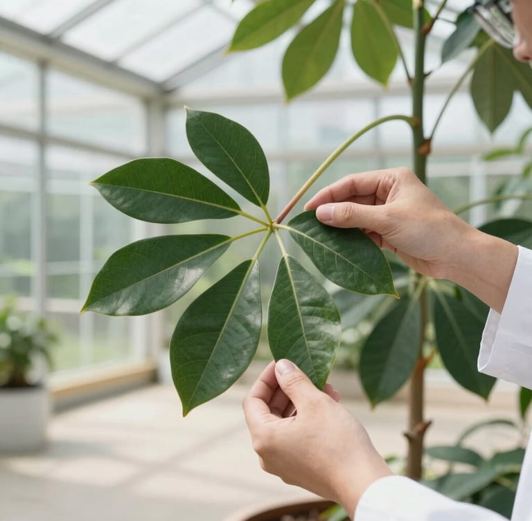 Hands of a botanist gently inspecting the underside of a large, healthy Ficus Lyrata leaf in a modern glass greenhouse, soft warm daylight.
