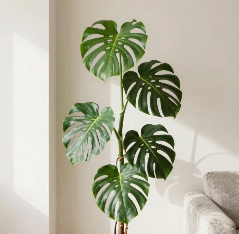 A tall architectural plant, Monstera Deliciosa Variegata, styled in a minimalist concrete living room with warm alabaster walls, bright diffused natural daylight, soft shadows, 35mm lens editorial photography
