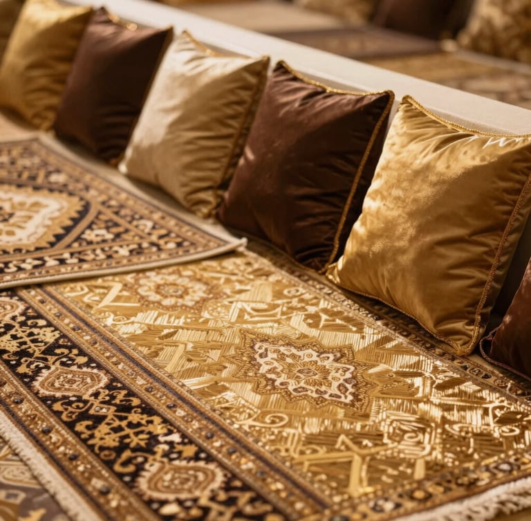 Close-up of hand-woven premium traditional carpets and perfectly aligned luxury cushions inside a high-end majlis setup, soft side lighting