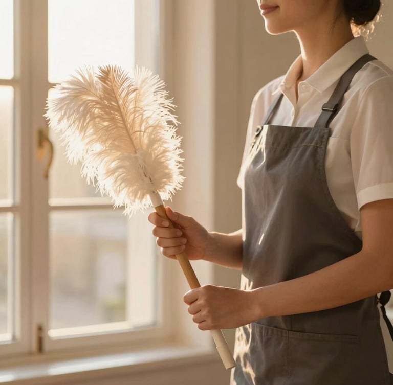 A professional housekeeper in elegant, tasteful attire holding a classic feather duster, warm golden-hour light filtering through a window, shallow depth of field