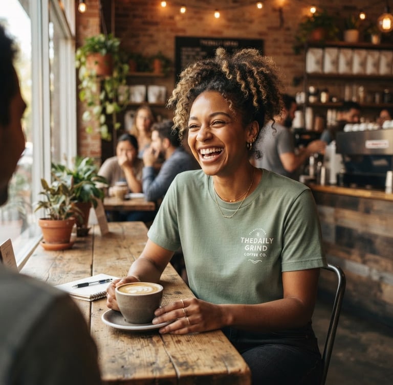 Warm editorial lifestyle photography, 50mm lens, a diverse woman in a sunlit coffee shop wearing a sage green graphic t-shirt, authentic candid moment, natural daylight.