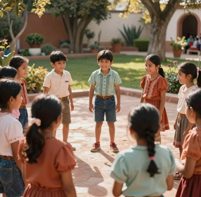 Children playing a traditional Mexican game in a sun-drenched garden, unposed and joyful, warm natural light casting soft shadows, shallow depth of field, 35mm editorial style.