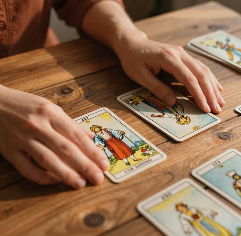 A warm editorial close-up of hands laying down tarot cards on a rustic wooden table, soft golden-hour natural light casting gentle shadows, terracotta tones, 35mm.