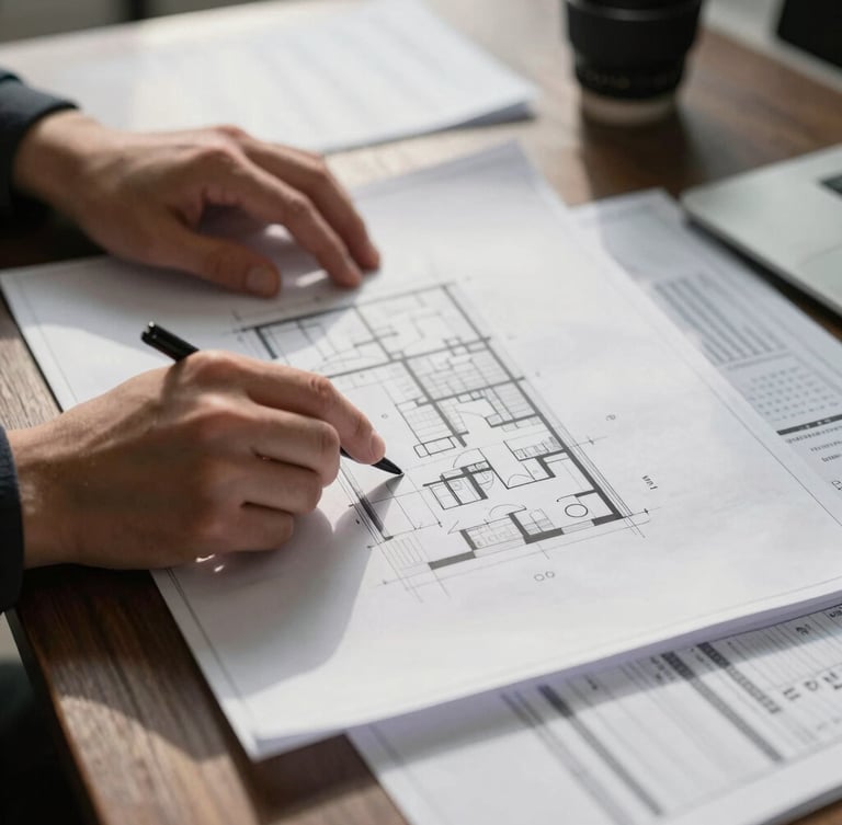 Close-up of hands reviewing architectural blueprints and financial spreadsheets on a dark oak table, soft morning daylight, high-contrast shadows