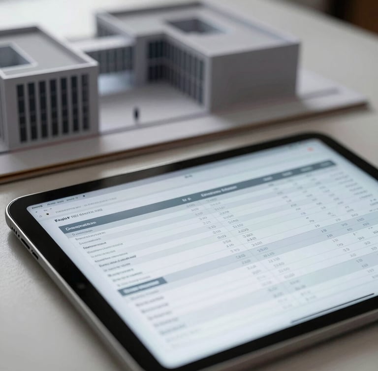 Detailed financial spreadsheet on a tablet screen, architectural model blurred in the background, overcast daylight, muted corporate tones
