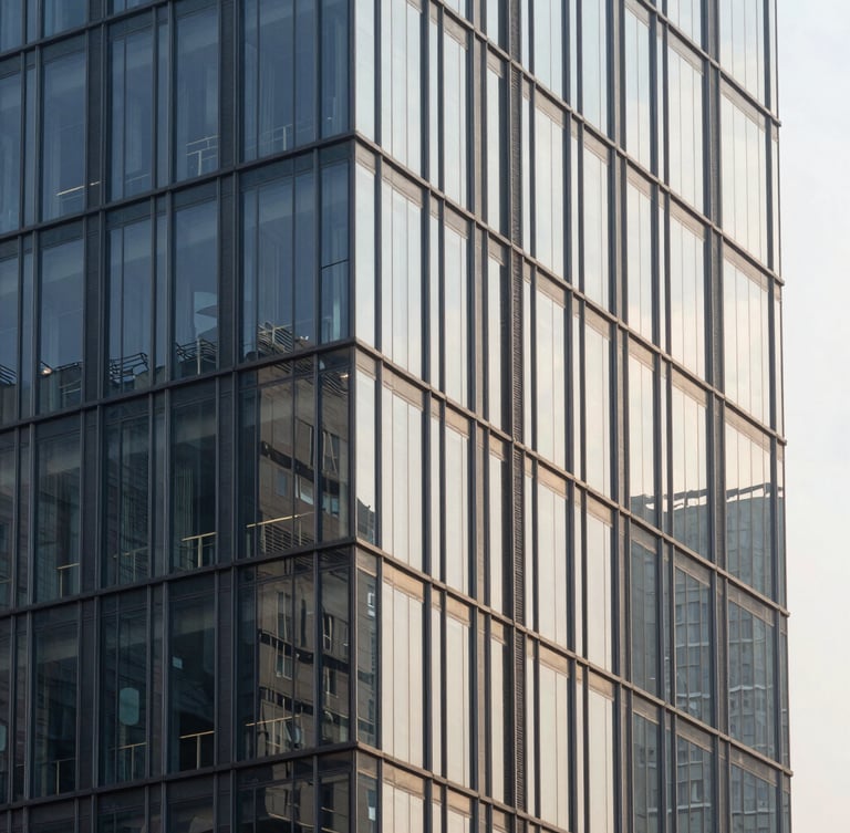 Architectural crop of a modern high-rise glass facade, sharp morning daylight, high-contrast shadows, 35mm architectural lens