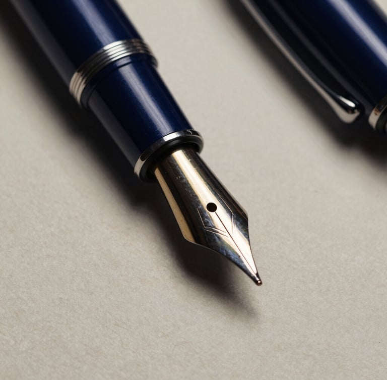 Macro close-up of a classic fountain pen nib resting on heavy textured ivory paper, dramatic side-lighting, high contrast, deep navy shadows.