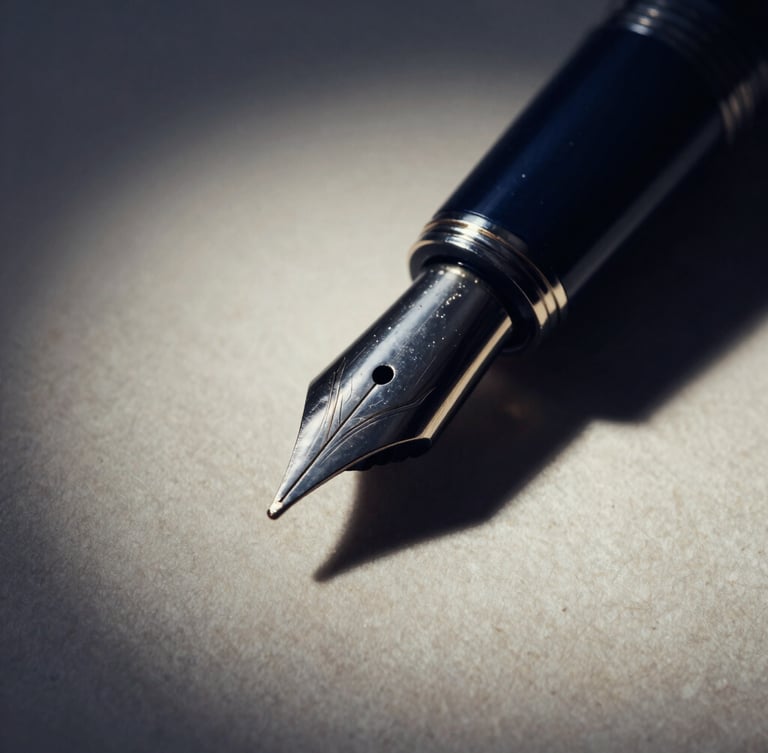 Macro close-up of a luxury fountain pen tip resting on heavy textured ivory paper, dramatic side-lighting, deep navy shadows, high contrast editorial style