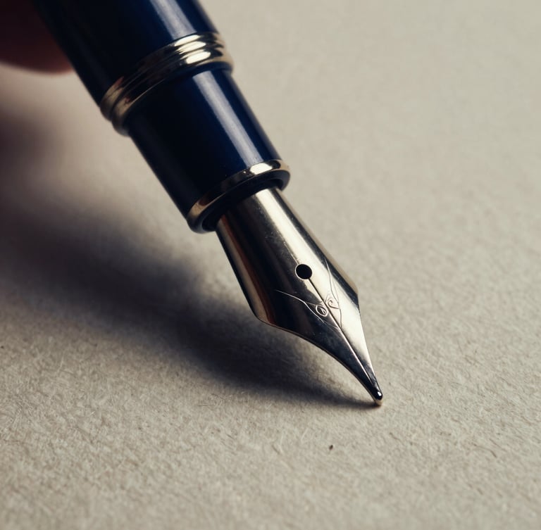 Macro close-up of a fountain pen nib gliding over heavy textured ivory paper, dramatic low-key side-lighting, deep navy shadows, high-contrast elegant editorial photography