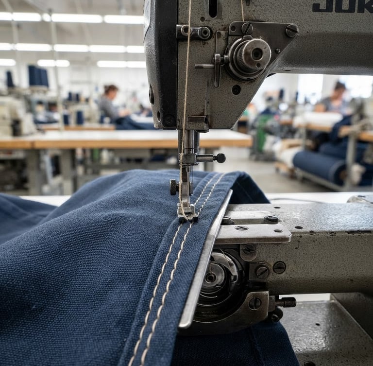 Close-up of industrial sewing machinery stitching heavy navy blue textile on an organized factory floor, bright neutral daylight, sharp focus on needle and thread
