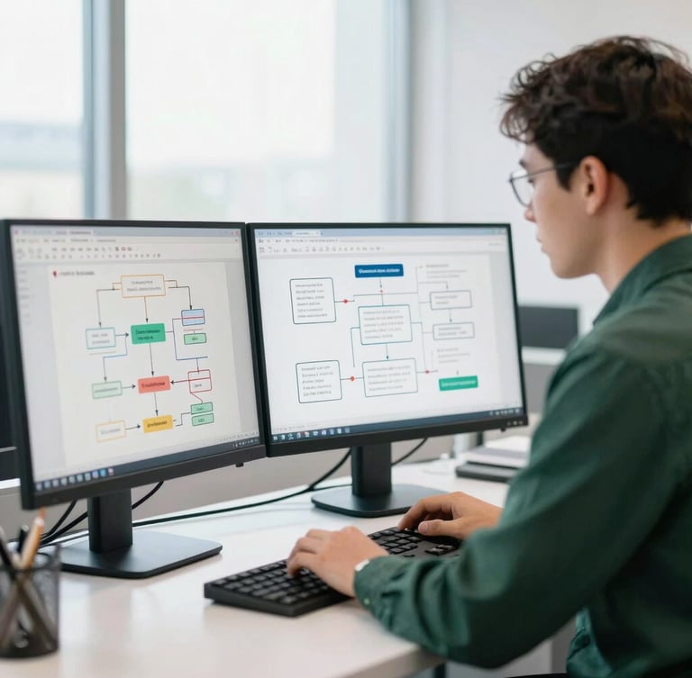 Focused security analyst examining clean data visualizations and flowcharts on dual monitors in a bright modern workspace, daylight, professional, sharp focus