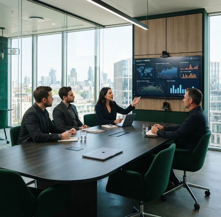 Bright environmental shot of a modern corporate boardroom with architectural glass, clean natural daylight, professional consultants in business-casual attire reviewing security charts on a screen, 35mm lens, sharp focus