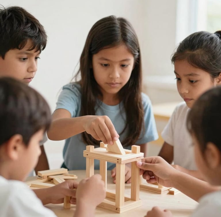 Bright editorial photography of Latin children collaborating on building a wooden structure, natural daylight, soft warm tones, candid eye-level shot