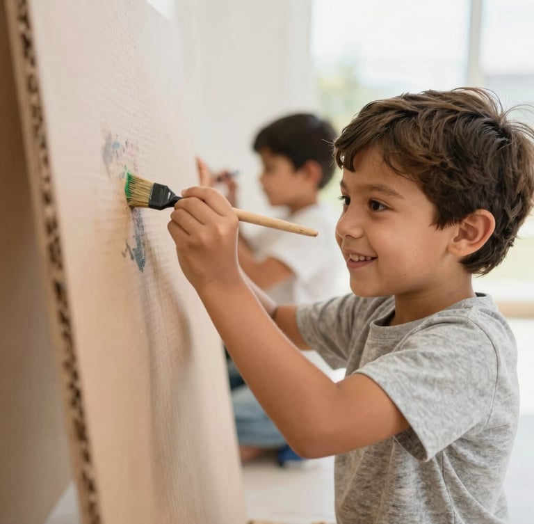 Bright editorial photography, natural daylight, a Latin child smiling while painting a large cardboard structure with a brush, soft warm tones, shallow depth of field, 35mm.