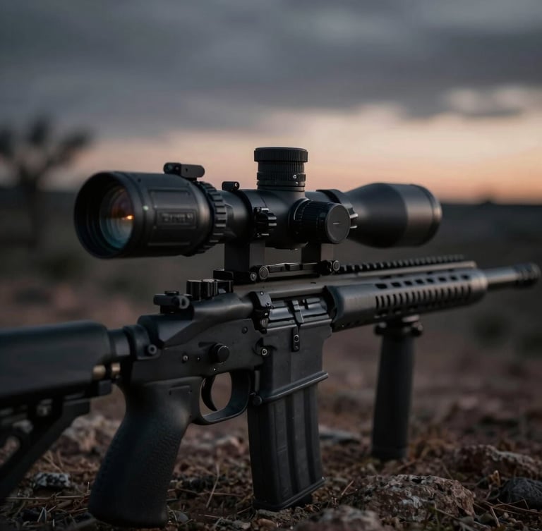 Close-up of a high-end thermal optic mounted on a rifle, in sharp focus, with a blurred background of rugged Texas terrain at dusk. Dramatic low-key lighting, desaturated dark tones with high contrast, 35mm, portrait aspect.