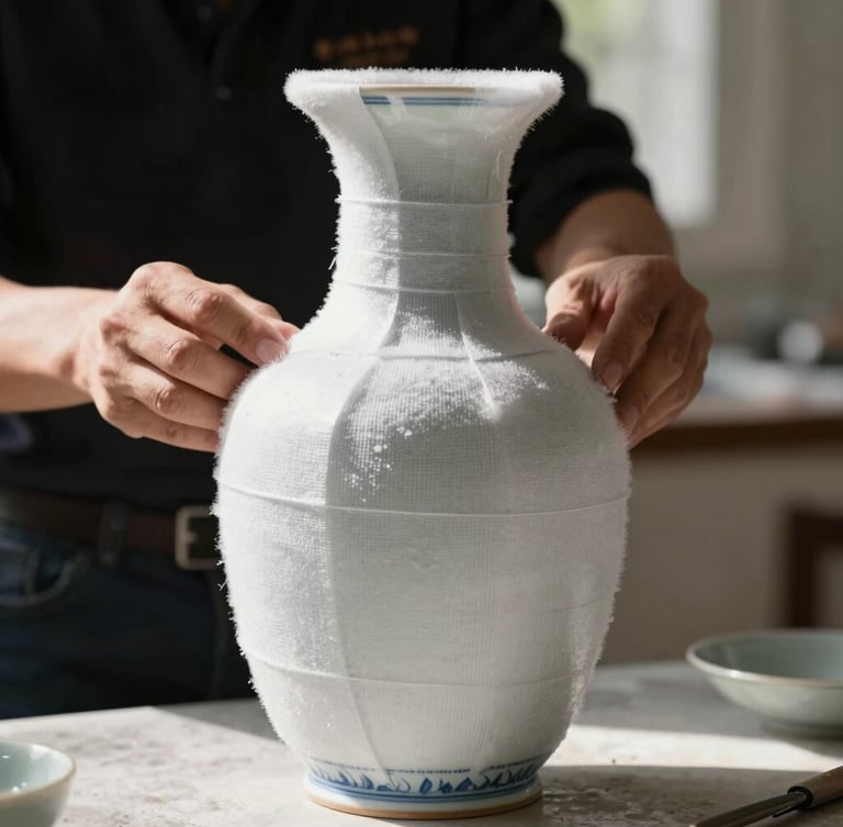 Tight, macro shot of a delicate porcelain vase being wrapped in thick, custom-cut protective foam by a specialist in a bright, sunlit Al Safa villa.