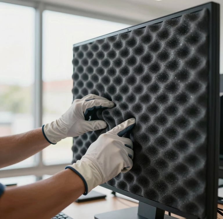 Tight, macro shot of a professional mover's hands in clean gloves wrapping a high-end desktop monitor in heavy-duty protective foam, bright natural daylight from an office window, shallow depth of field.