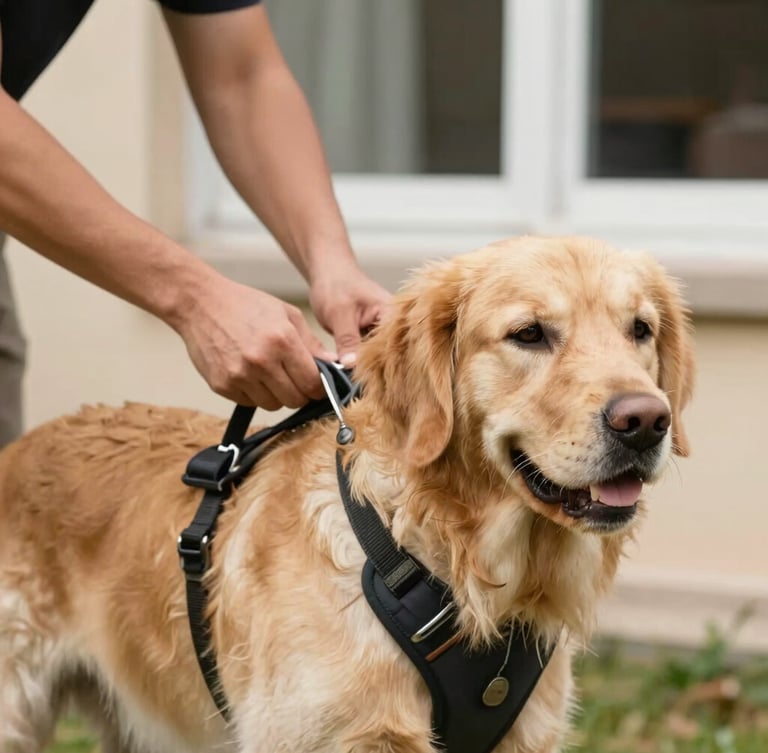 A close-up of a handler gently securing a sturdy harness on a calm golden retriever, warm window light, soft focus background
