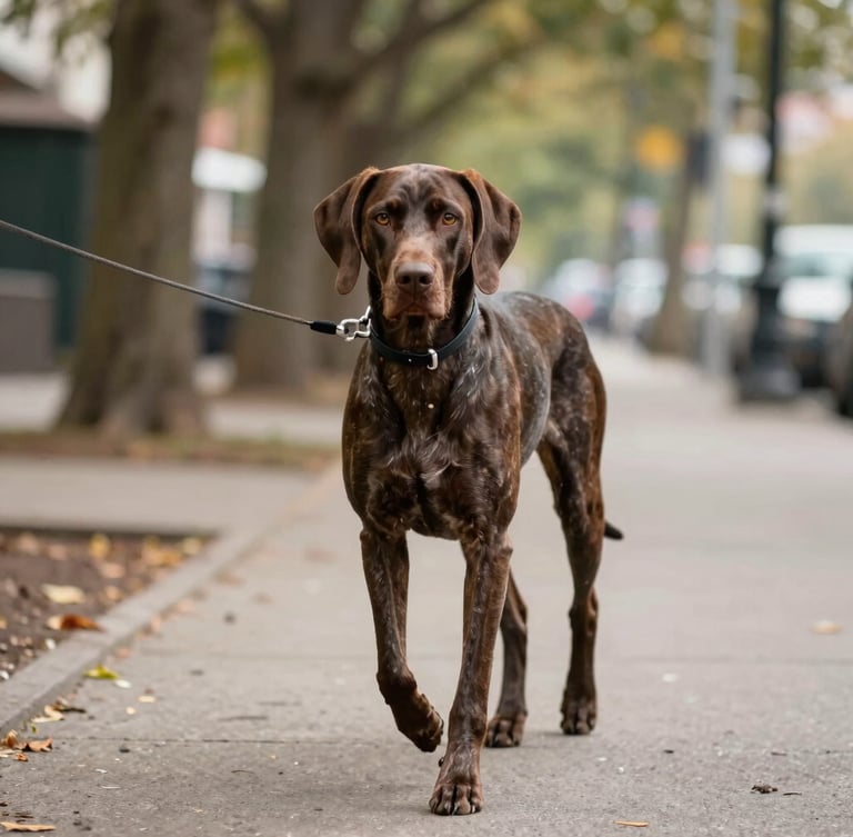 A sleek, focused German Shorthaired Pointer walking on a loose leash down a tree-lined city sidewalk, eye-level perspective, natural outdoor daylight, rich organic tones, shallow depth of field, 35mm
