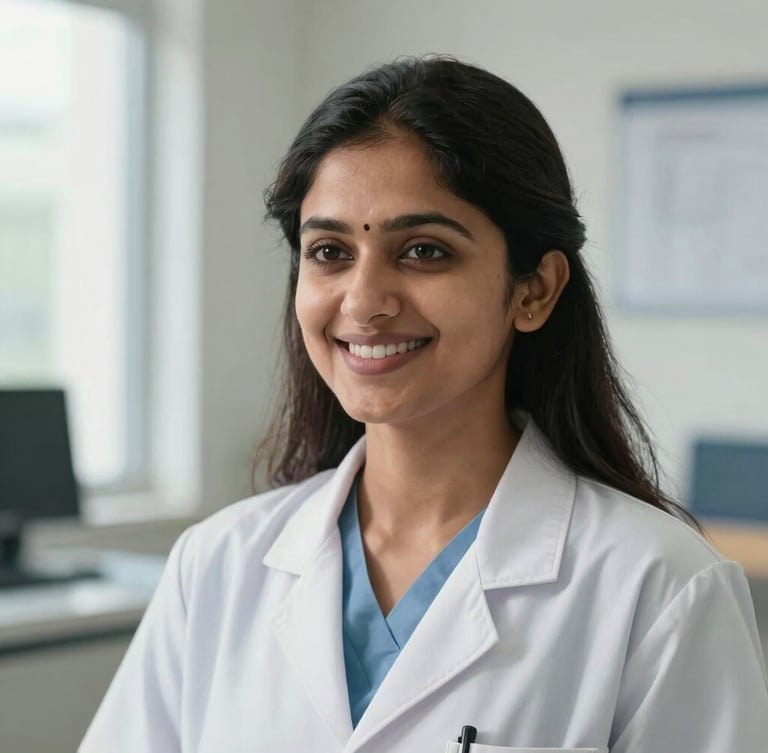 Medium close-up of Dr. Kalpita Raut in professional clinical attire, smiling warmly in a bright, modern clinic environment, natural daylight.