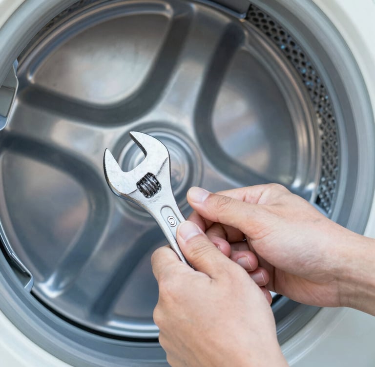 A close-up shot of clean hands using a wrench on a metallic dryer drum, bright natural daylight, 50mm, focus on mechanical details.