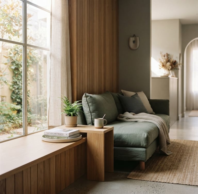Sunlit minimalist wellness clinic interior, warm oak wood, soft morning window light, linen textures, muted sage and slate tones, shallow depth of field, 35mm