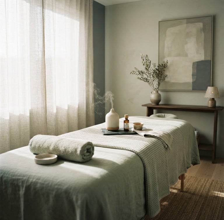 Sunlit minimalist treatment room with linen curtains, soft morning window light, muted sage and slate tones, shallow depth of field, 35mm