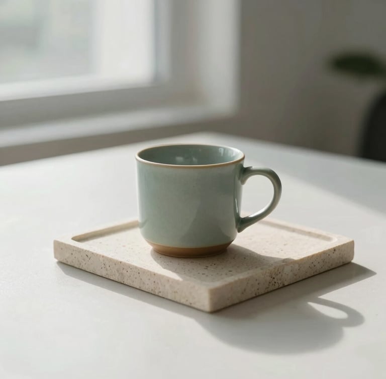 Close-up of a minimalist consultation desk with a ceramic mug and raw stone tray, soft morning light casting gentle shadows, 35mm