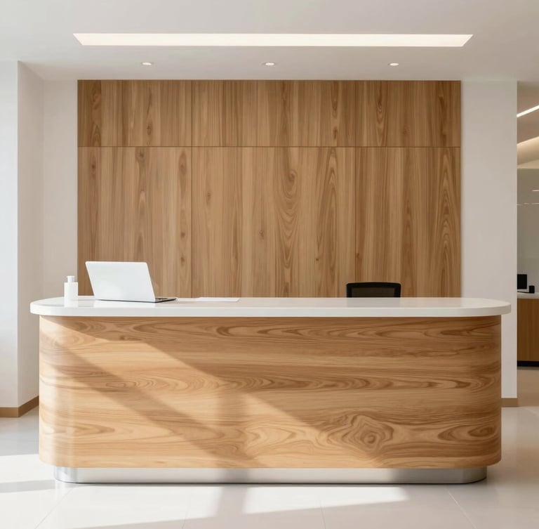 Straight-on architectural elevation of a premium dental clinic reception desk, warm oak wood panels paired with seamless white solid surface countertop, bright natural daylight, minimalist background