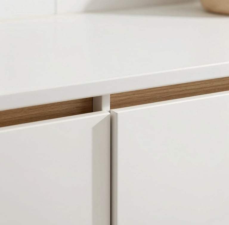 Close-up of seamless cabinet joints and integrated chemical-resistant surfaces, bright natural daylight, clean architectural photography