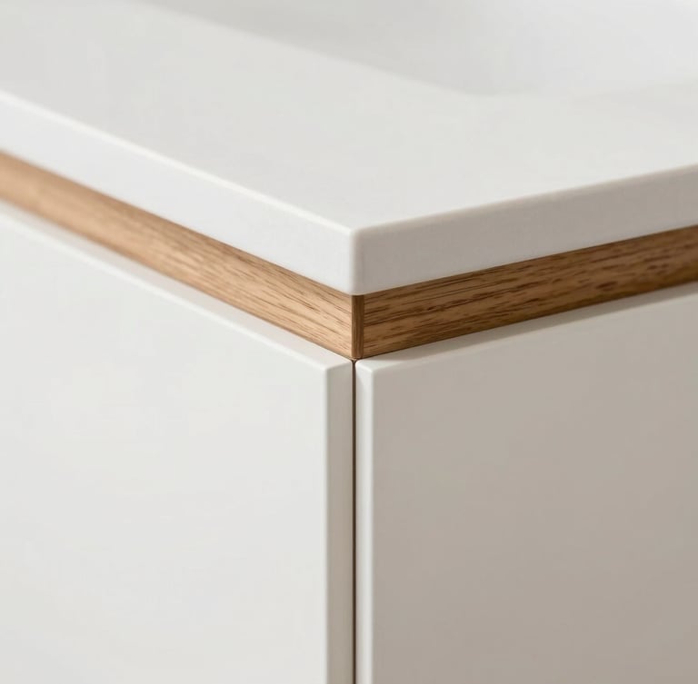 Close-up macro detail of a seamless cabinet joint, showcasing the junction between a warm natural oak wood veneer and a pristine matte white solid-surface counter, soft architectural studio lighting