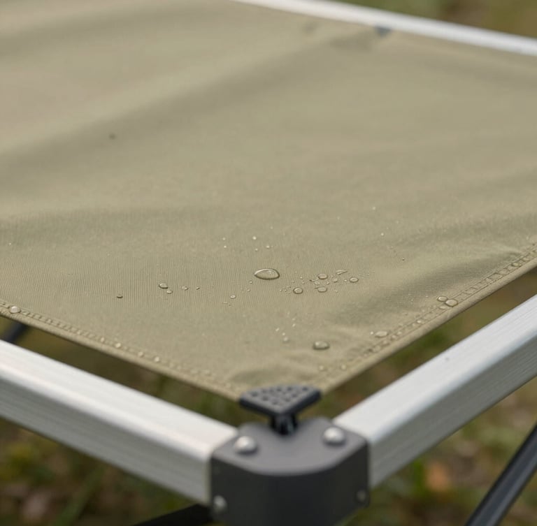 Macro detail of water-beading outdoor performance fabric over a double-powder-coated aluminum frame, natural overcast daylight, sharp focus on fabric texture, 35mm
