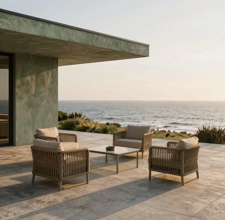 Architectural modern concrete terrace overlooking the ocean at golden hour, minimalist outdoor furniture set with weather-resistant weaves, clean lines, 35mm photography