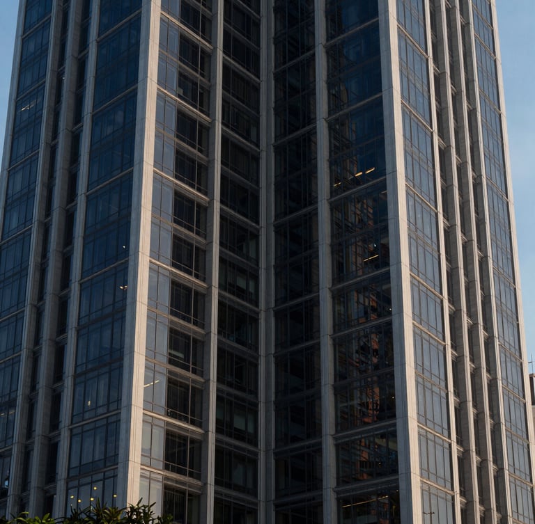 Symmetrical architectural perspective of a modern glass and steel financial tower in Panama City, cool early morning light, sharp shadows, 35mm lens