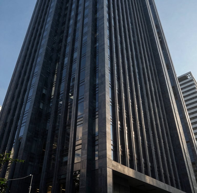 Symmetrical wide-angle architectural perspective of a modern financial center building in Panama City, cool morning daylight, sharp shadows, deep slate tones, 35mm lens.