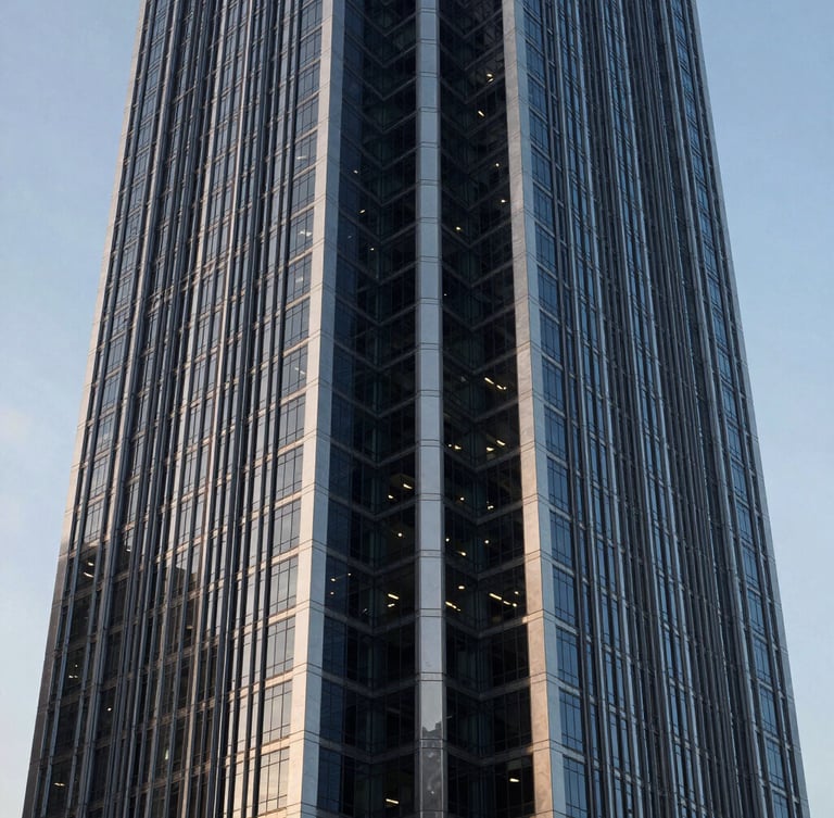 Symmetrical architectural perspective of a modern financial tower in Panama City, cool morning daylight, sharp steel and glass reflections, 35mm lens