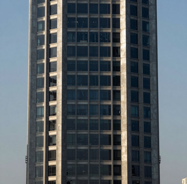 Symmetrical architectural shot of a modern financial tower in Panama City, sharp morning shadows, steel and concrete