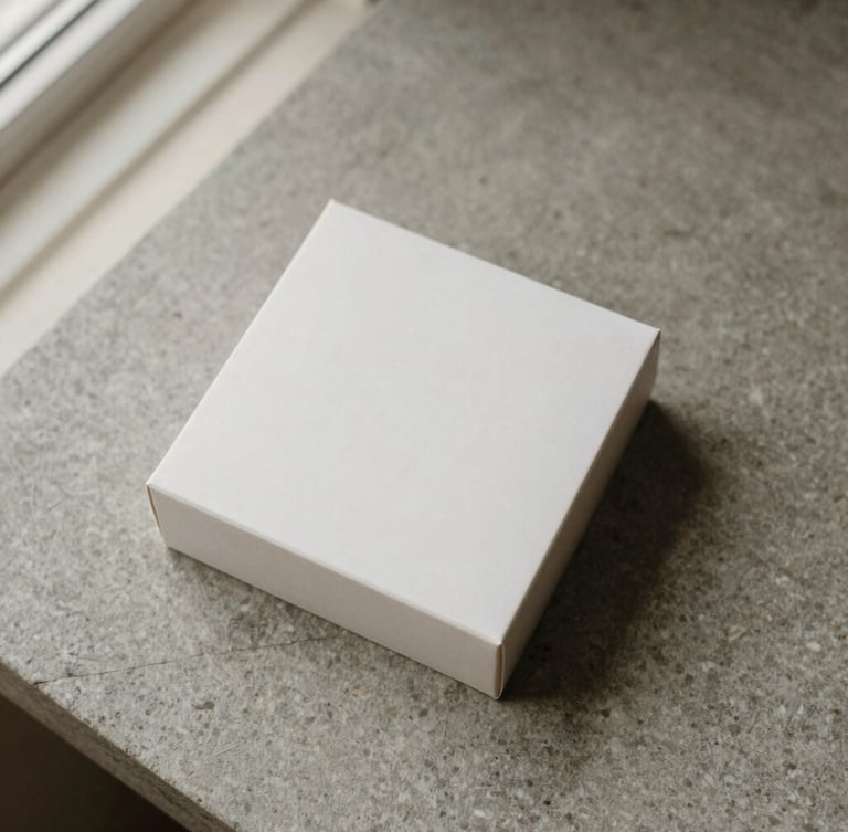 Overhead macro flatlay of a minimalist white product box on a textured grey stone surface, soft natural window light, warm shadows, 35mm photography