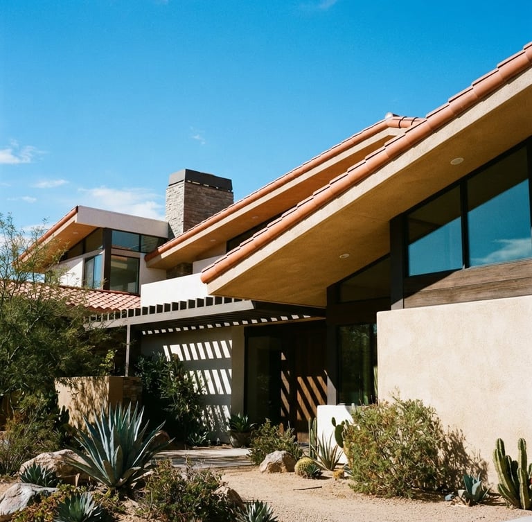Low-angle architectural shot of a modern desert home with clean terracotta tile roof lines under harsh, bright Palm Springs sunlight, high-contrast shadows, 35mm.